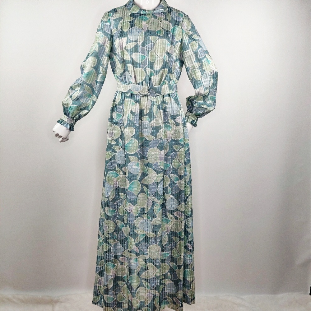 Vintage 70s Silky Metallic Belted Hostess Dress M